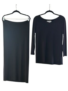 90s Minimalist DKNY Architectural Set Asymmetrical Godet Midi Ponte Knit Set ~ L